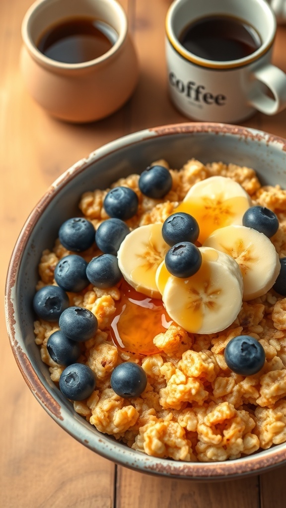 Air Fryer Baked Oats Recipe A bowl of baked oats topped with blueberries and bananas, with honey drizzle, on a wooden table.
